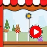 A colorful carnival game scene featuring animated animals, including a bunny with a cross, a yellow duck, and a green duck, set against a playful backdrop with a castle and hills, with a prominent red play button in the center