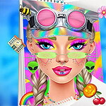 A vibrant and colorful digital illustration of a young woman with braids, wearing stylish pink goggles and neon accessories, set against a bright, patterned background filled with playful icons like a bee, a Christmas tree, and various cheerful symbols