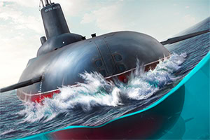 A dark submarine surfacing through crashing ocean waves with a turquoise graphic border