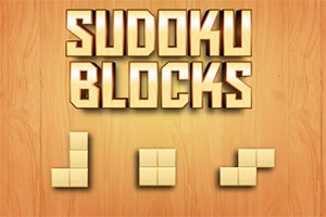 A wooden background with the text SUDOKU BLOCKS in large, bold, and stylized letters at the top, and three block-shaped pieces arranged below them