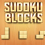 A wooden background with the text SUDOKU BLOCKS in large, bold, and stylized letters at the top, and three block-shaped pieces arranged below them