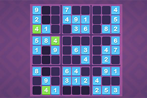 A colorful grid-based puzzle game displaying numbers in blue and green cells, featuring a Sudoku-like layout with some empty spaces to fill