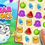 An animated game interface featuring colorful candy-themed icons like fruits, ice pops, and jelly, with a cheerful character and the title Sugar Heroes prominently displayed