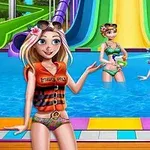 A colorful water park scene featuring three young women in swimsuits, one acting as a lifeguard and two others playing with water guns in a pool, with vibrant water slides in the background