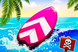 A bright pink surfboard with a white arrow design splashes through turquoise waves under palm leaves, with a small skull warning sign nearby