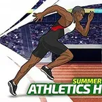 An illustrated athlete sprinting on a track with a stadium in the background, accompanied by the text Summer Sports Athletics Hero