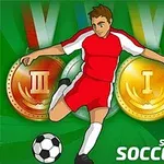 An animated soccer player in a red jersey dribbles a soccer ball, surrounded by gold and bronze medals, with the text Summer Sports Soccer Hero prominently displayed on a green background