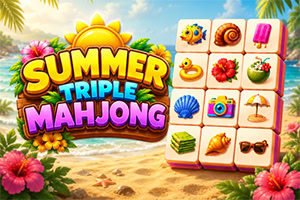 Colorful tropical mahjong title screen with flower-framed logo, beach background, and stacked tiles showing summer icons