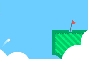 A minimalist golf-themed graphic featuring a green putting green with a red flag in the background, surrounded by clouds and a blue sky