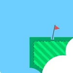 A minimalist golf-themed graphic featuring a green putting green with a red flag in the background, surrounded by clouds and a blue sky