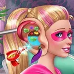 The image features a cartoon character with long pink-blonde hair and a pink mask, sitting in an ear doctor’s office, with a focus on a colorful ear examination tool and graphic showcasing Super Doll Ear Doctor