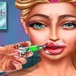 A close-up illustration of a woman with blonde hair receiving a lip injection, featuring vibrant makeup and a syringe filled with green solution, set against a colorful background