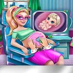 The image features a cartoon-style scene of a young woman in a doctors chair undergoing a pregnancy check-up, with an ultrasound screen displaying a baby, set in a colorful, playful medical room