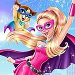 A superhero girl in a pink costume and mask poses triumphantly, accompanied by a cheerful dog in a cape, set against a colorful, sparkling background