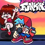 An animated boy with blue hair and a red cap sings into a microphone beside a girl with brown hair, set against a colorful sunset backdrop, with large speakers nearby and the text Friday Night Funkin at the top