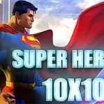 A stylized superhero, reminiscent of Superman, stands heroically with a flowing red cape, alongside bold text reading SUPER HEROES 10X10 against a dynamic background