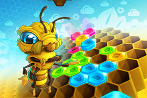 A whimsical cartoon bee character stands beside colorful hexagonal tiles on a honeycomb background, featuring bright blue, pink, and green elements against a sunny sky