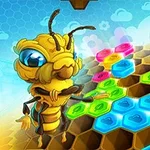 A whimsical cartoon bee character stands beside colorful hexagonal tiles on a honeycomb background, featuring bright blue, pink, and green elements against a sunny sky