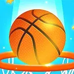 A bright orange basketball is hovering above a hoop against a vibrant blue background, adorned with yellow stars and playful graphics