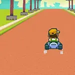 A retro-style 3D racing game scene featuring a pixelated character driving a go-kart down a vibrant pathway lined with palm trees