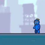 A playful scene featuring a cartoon dog and a smiling blue character wearing a crown, set against a minimalistic urban background