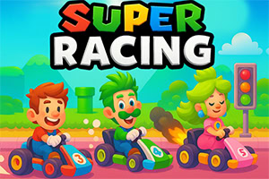 Three cartoon characters are racing in colorful go-karts on a vibrant track, set against a bright background with green hills and a traffic light