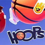 A vibrant, animated character with dark hair and a playful expression is depicted alongside a basketball, with the word HOOPS featured prominently, set against a bright blue background