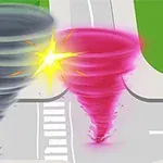 An animated depiction of two tornadoes, one black and one pink, colliding in the center of a stylized road, with a bright explosion at the point of contact