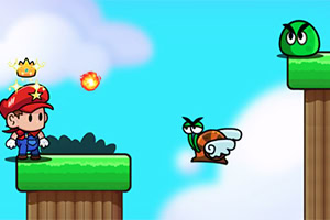 A colorful, cartoon-style scene featuring a character in a red hat throwing fireballs at a snail and a green creature on raised platforms against a bright blue sky