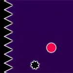 A vibrant purple background features a large red circle and a smaller black star shape, with jagged edges on the sides creating a dynamic visual contrast