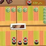 A colorful sushi-themed gaming layout with different types of sushi arranged neatly on a bamboo mat, featuring scoring details in the top right corner