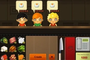 A colorful game interface featuring three cartoon characters at a counter, each with a sushi order displayed above them, alongside various food items and a Create button for sushi preparation