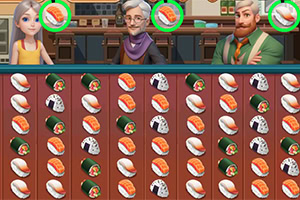 A colorful display of various sushi items arranged across a grid, featuring two characters and a background resembling a kitchen or dining area