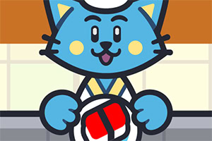 A cheerful blue cat character wearing a chefs hat and apron holds a sushi plate in a kitchen setting