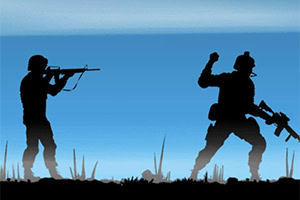 Silhouettes of two armed soldiers against a blue sky, one aiming a rifle and the other running with a raised arm