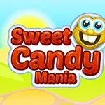 The image features the playful title Sweet Candy Mania in bold, colorful text with a smiling candy character, set against a cheerful sky and landscape backdrop