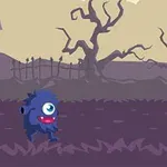 A cute, blue, one-eyed monster is walking in a spooky, cartoonish landscape featuring bare trees, a haunted house, and a dark, purple ground, creating a whimsical yet eerie atmosphere