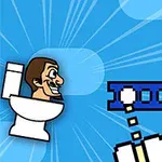 The image features a cartoonish character sitting on a toilet, with a blue background and playful graphics, suggesting a whimsical or humorous theme related to bathroom humor or games