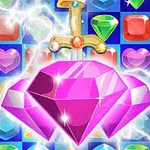 A vibrant game graphic featuring a large pink diamond and a golden sword against a colorful background of various gem shapes, including hearts and other jewels, surrounded by sparkles and lightning effects