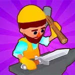 A cartoon blacksmith with a yellow hard hat and gloves is hammering a sword on an anvil against a vibrant purple background