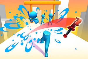 A colorful, stylized scene featuring blue cartoon figures engaged in action, with splashes of blue liquid and a red weapon in the foreground, set against a gradient background of orange and yellow