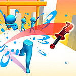 A colorful, stylized scene featuring blue cartoon figures engaged in action, with splashes of blue liquid and a red weapon in the foreground, set against a gradient background of orange and yellow
