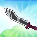 A stylized, cartoonish sword is suspended in the air against a bright blue sky with rays of light, framed by green bushes