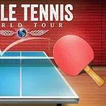 An illustration of a table tennis scene featuring a blue ping pong table, two paddles, a ball in motion, and the text Table Tennis World Tour above a wooden backdrop