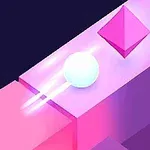 A vibrant digital artwork depicting a white sphere rolling on a pink platform, with a purple pyramid adjacent, illuminated by a dynamic glow against a dark background