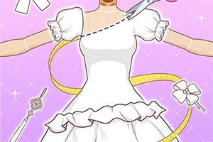 A dressmaking concept illustration featuring a mannequin with a partially completed white dress, surrounded by tailoring tools like scissors, a measuring tape, and decorative accessories, set against a pink sparkling background