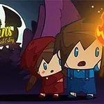 A whimsical, cartoon-style image featuring two characters, one in a red cloak and the other in blue, holding a torch, standing in a dark forest under a large moon, with the title Taleans prominently displayed above them