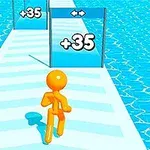 A bright orange stick figure runs on a striped path over blue water, approaching two gates with +35 points visible over each gate