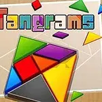 Colorful tangram puzzle pieces in various shapes and colors, arranged around the word Tangrams in a playful font, set against a light wooden background