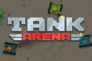 A pixelated battle scene featuring colorful tanks in a dirt arena with the bold title TANK ARENA prominently displayed